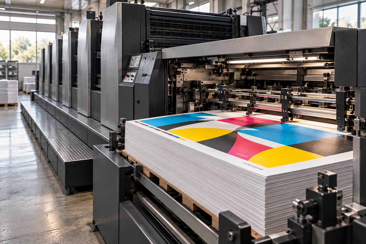 Ofset baskı makinesinin çıkışında düz tabakalar ve canlı CMYK renkleri; temsili görsel